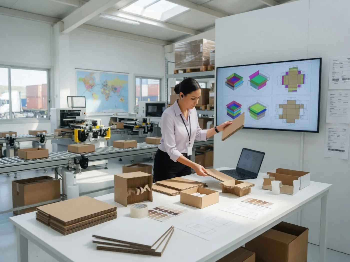 Packaging engineer reviewing box samples and design screens