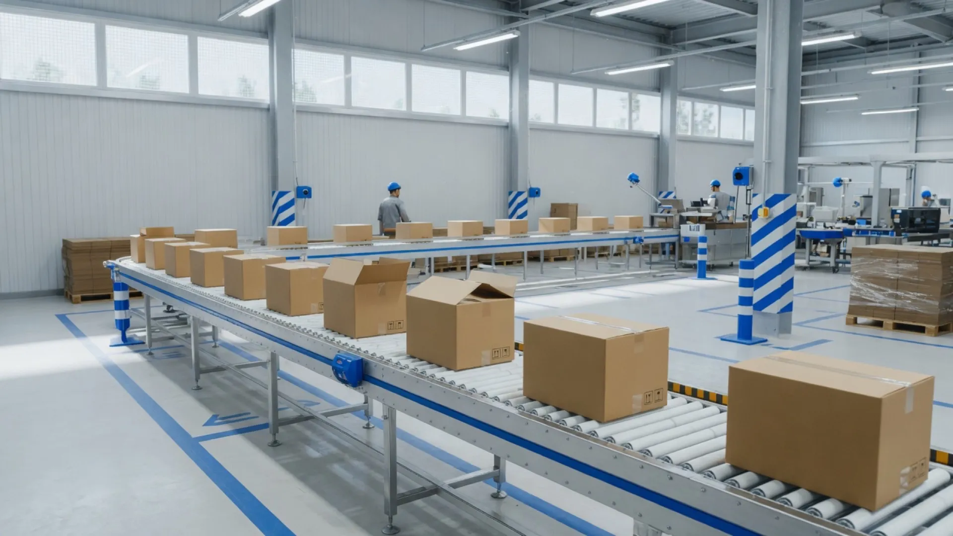 Modern packaging production line with cartons on a conveyor