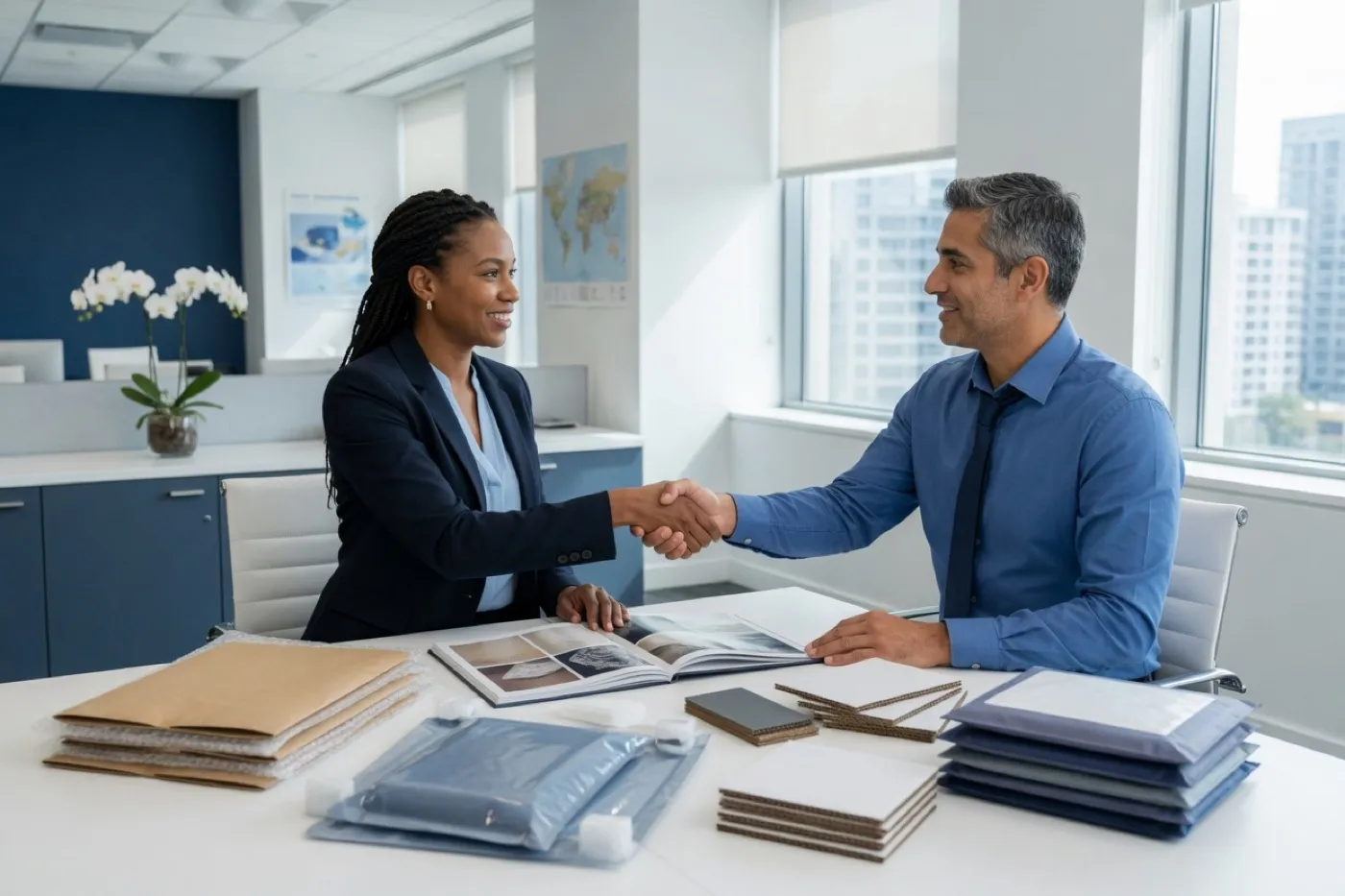 Business partners meeting over packaging material samples