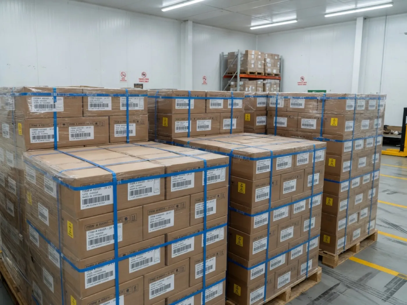 Finished packages stacked on pallets in a bright warehouse